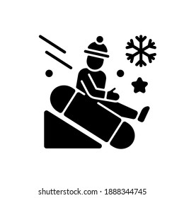 Snow tubing black glyph icon. Fun children ride downhill. Extreme sledging. Winter activity. Festive season recreation for kids. Silhouette symbol on white space. Vector isolated illustration