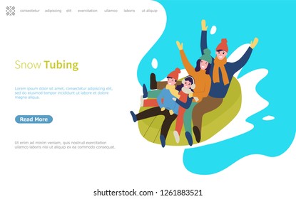 Snow tubing family going downhill on rubber material web page with text sample vector. Leisure of people, father and mother with children in tube
