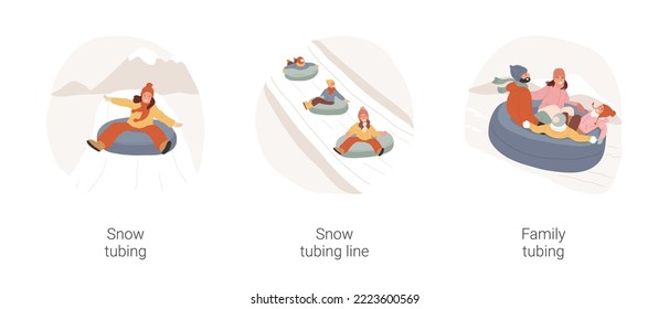 Snow tubing isolated cartoon vector illustration set. Snow tubing line, child having fun going down the slope, family riding big tube, ski resort entertainment, extreme sport vector cartoon.