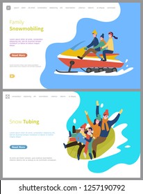 Snow tubing winter activities for family people vector. Snowmobiling, snowmobile with father mother and child, slopes downhill, wintertime season