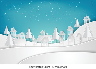 Snow Urban Countryside Landscape City Village. paper art and craft style. illustrator Vector eps 10.