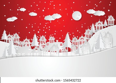 Snow Urban Countryside Landscape City Village. paper art and craft style. illustrator Vector eps 10.