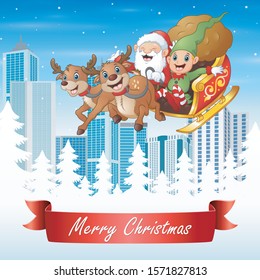 Snow urban landscape with Merry christmas greeting card