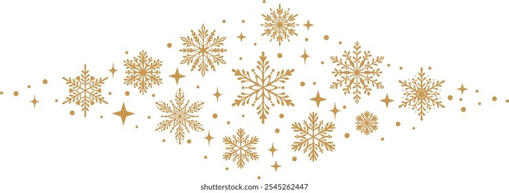 Snow vector banner, gold isolated snowflake decorative clip art illustration, festive holiday border design