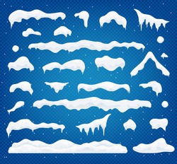 Snow Vector Caps. Snowballs And Snowdrifts Set. Snow Cap Vector Collection. Winter Element. Christmas Window, Roof, Chimney Etc. Cartoon Flat Decoration With Snowflakes, Icicles Isolated On Blue. 