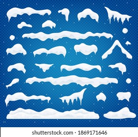 Snow vector caps. Snowballs and snowdrifts set. Snow cap vector collection. Winter element. Christmas window, roof, chimney etc. cartoon flat decoration with snowflakes, icicles isolated on blue. 