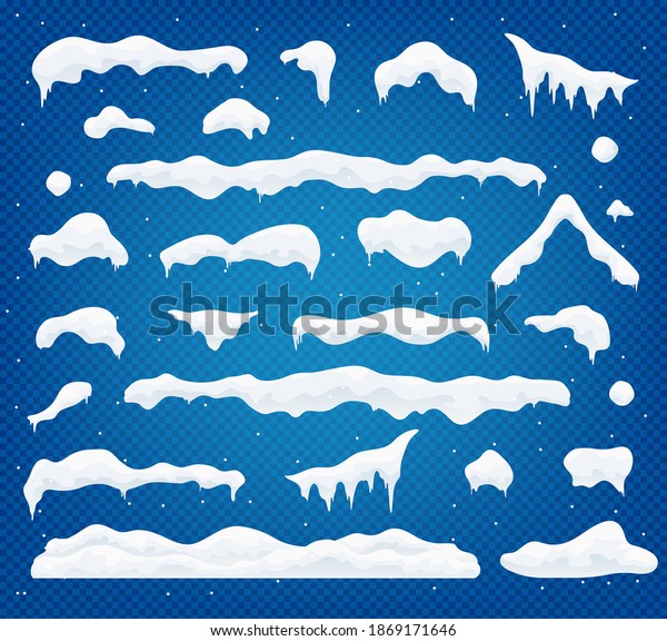 Snow vector caps. Snowballs and snowdrifts set. Snow cap\
vector collection. Winter element. Christmas window, roof, chimney\
etc. cartoon flat decoration with snowflakes, icicles isolated on\
blue. 