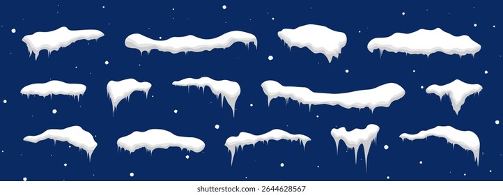 Snow vector caps. Snows caps and roof icing objects, winter snowdrifts piles collection. Winter element. Christmas window, roof, chimney.