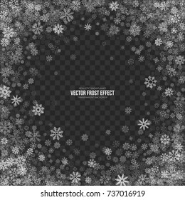Snow Vector Frost Effect with Realistic Snowflakes Isolated on Transparent Background. Christmas Holiday Winter Frozen Ice 3D Illustration