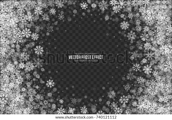 透明な背景に雪のベクター霜エフェクトとリアルな白い冬の雪片 Xmasパーティの抽象的3dイラスト のベクター画像素材 ロイヤリティフリー