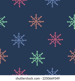 snow vector multicolored snowflakes on blue background seamless pattern.