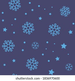 Snow vector pattern. Snowflake and stars seamless texture. Winter background. Vector elements.