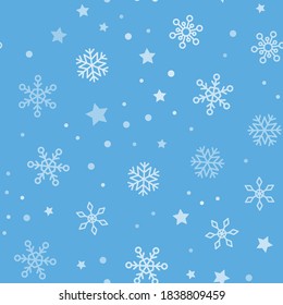 Snow vector pattern. Snowflake and stars seamless texture. Winter background. Vector elements.