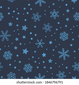 Snow vector pattern. Snowflake and stars seamless texture. Winter background. Vector elements.