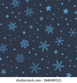 Snow vector pattern. Snowflake and stars seamless texture. Winter background. Vector elements.
