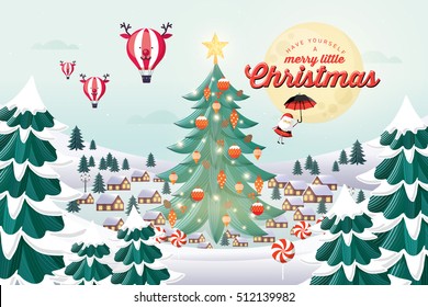 snow village with christmas tree christmas greetings template vector/illustration