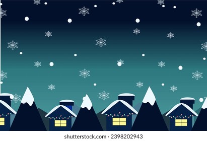 Snow in the village evening ,Flat winter landscape, snowflake and snow, winter holiday wallpaper, night sky 