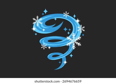 Snow vortex vector illustration, windy swirl with snowflakes and stars magic Christmas mood design
