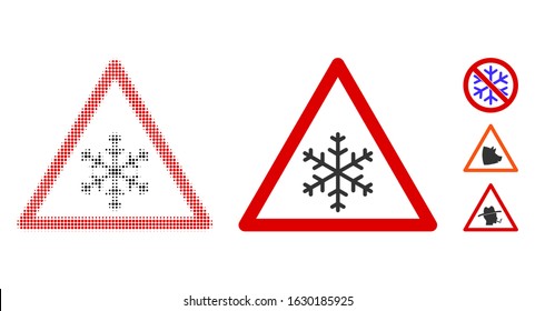 Snow warning halftone vector icon and solid version. Illustration style is dotted iconic Snow warning icon symbol on a white background. Halftone texture is circle pixel. Some bonus icons.