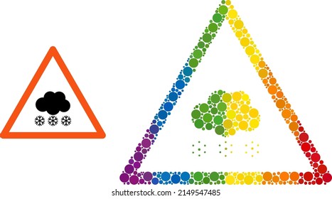 Snow warning mosaic icon of circle elements in various sizes and spectrum bright color tones. A dotted LGBT-colored snow warning for lesbians, gays, bisexuals, and transgenders.