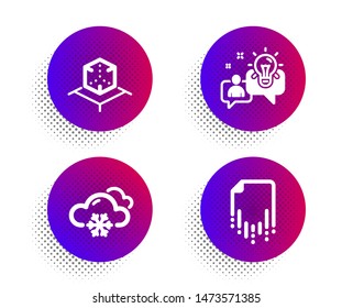 Snow weather, Augmented reality and Idea icons simple set. Halftone dots button. Recovery file sign. Snowflake, Virtual reality, Solution. Backup document. Science set. Vector