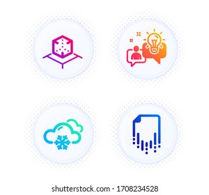 Snow weather, Augmented reality and Idea icons simple set. Button with halftone dots. Recovery file sign. Snowflake, Virtual reality, Solution. Backup document. Science set. Vector