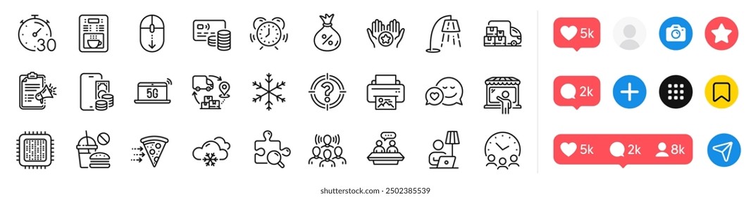 Snow weather, Cpu processor and Scroll down line icons pack. Social media icons. 5g notebook, Stand lamp, Headhunter web icon. Favorite, Snowflake, Card pictogram. Vector