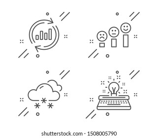 Snow weather, Customer satisfaction and Update data line icons set. Typewriter sign. Snowflake, Happy smile chart, Sales chart. Inspiration. Business set. Line snow weather outline icon. Vector