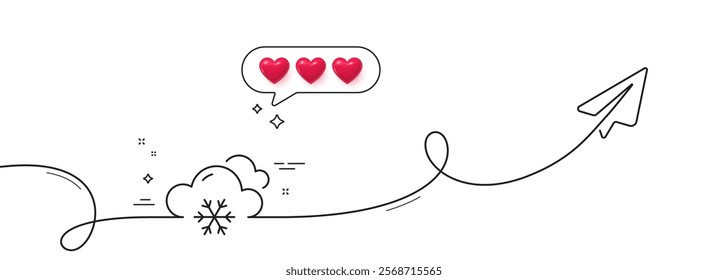 Snow weather forecast line icon. Continuous line with share plane. Clouds with snowflake sign. Cloudy sky symbol. Hearts rate review in speech bubble. Snow weather single line ribbon. Vector