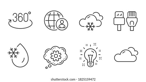 Snow weather, Full rotation and Cloudy weather line icons set. Cogwheel, International recruitment and Computer cables signs. Freezing water, Idea symbols. Snowflake, 360 degree, Sky climate. Vector