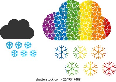 Snow weather mosaic icon of filled circles in different sizes and spectrum color hues. A dotted LGBT-colored snow weather for lesbians, gays, bisexuals, and transgenders.