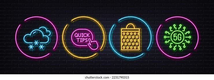 Snow weather, Shopping bag and Quick tips minimal line icons. Neon laser 3d lights. 5g technology icons. For web, application, printing. Snowflake, Paper package, Helpful tricks. Vector