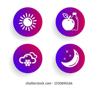 Snow weather, Sun and Apple icons simple set. Halftone dots button. Moon stars sign. Snowflake, Summer, Diet food. Night. Nature set. Classic flat snow weather icon. Vector