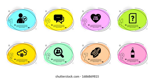 Tiempo de nieve, Archivo desconocido y signos de mensaje. Infografía de la línea de tiempo. Buscar empleados, Identidad confirmada y Para todos los iconos de línea establecidos. Botella de vino, símbolos de nueces de Pecan. Vector
