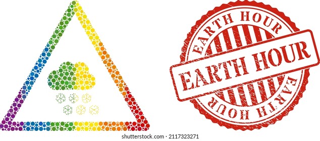Snow weather warning mosaic icon of filled circles in different sizes and spectrum colored color hues. Red round grunge seal stamp with Earth Hour caption.