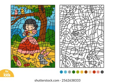 Snow white and apple. Color by number, education game for children. Fairy tales