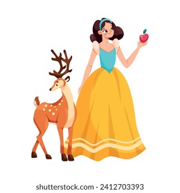 Snow White with Apple and Deer as Fairytale Character Vector Illustration