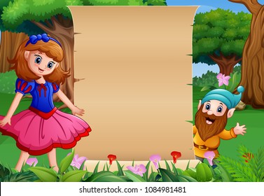 Snow white with dwarf and paper blank sign