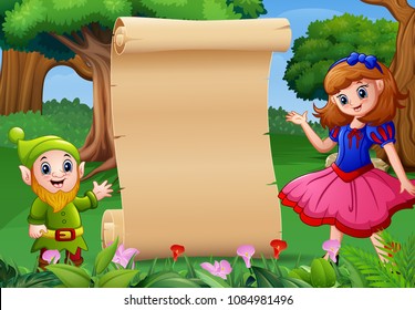 Snow white with dwarf and paper blank sign