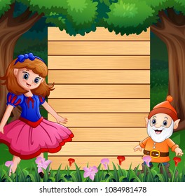 Snow white with dwarf and wood blank sign