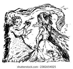 Snow White fairy tale in graphic art illustration.