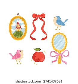 Snow White fairytale vector set with magic castle mirror apple and birds, cute cartoon hand-drawn style isolated on white background, princess story elements, stylish magic whimsical clipart