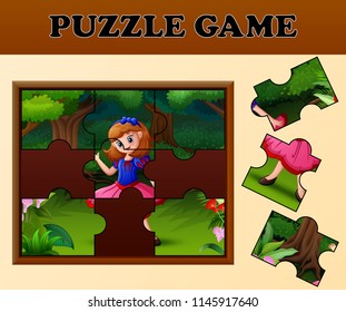 Snow White in the forest with puzzle concept