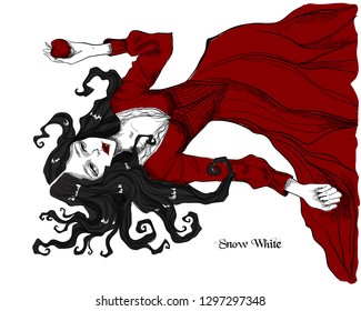 Snow White and a poisoned apple. Beautiful fairytale vector illustration on white isolated background