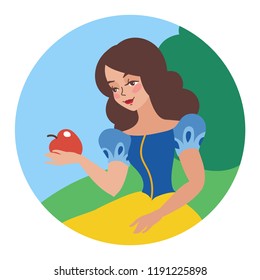 Snow White princess sitting on grass with apple. Circle shape illustration