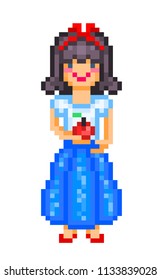 Snow White with red apple, 19th-century German fairy tale character, pixel art isolated on white background. Happy girl in a blue dress holding a fruit. Retro 80s; 90s slot machine/video game graphics