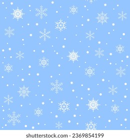 snow white seamless pattern. blue winter background, frozen crystal flakes and stars vector print. good for banner, backdrop, web, layout, fashion, business, wallpaper.