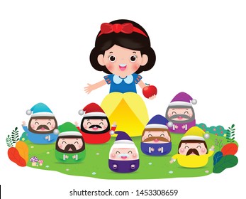 snow white and the seven dwarfs, Snow White isolated on white background, Princess and Dwarfs Vector Illustration