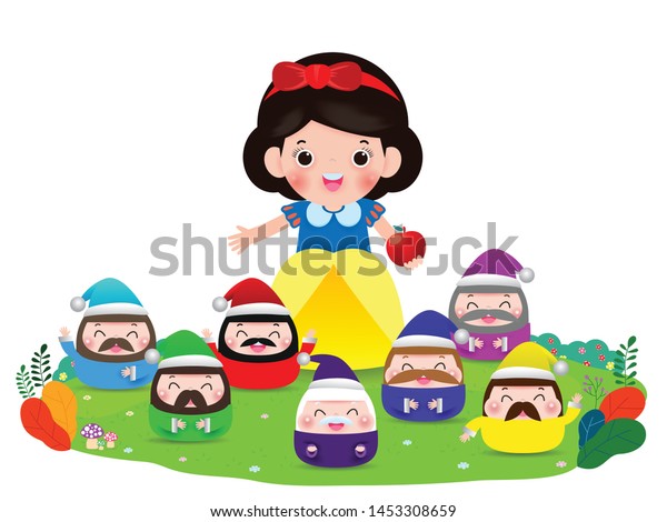 snow\
white and the seven dwarfs, Snow White isolated on white\
background, Princess and Dwarfs Vector\
Illustration