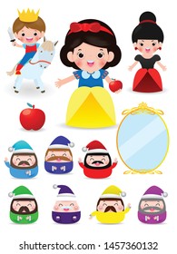 Snow White And The Seven Dwarfs, Snow White On White Background, Prince, Princess And Dwarfs And Witch, Vector Illustration